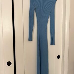 ZARA Ribbed Knit Long Sleeve Maxi Dress in Dusty Blue